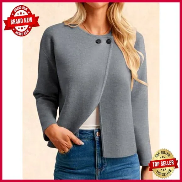 Cropped Knit Sweater Blazer Oversized Open Front Lapel Cardigan Chic Elegant - Picture 2 of 7